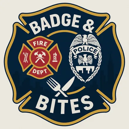 Badge and Bites shield logo with a fire department cross, a police badge and a fork and knife